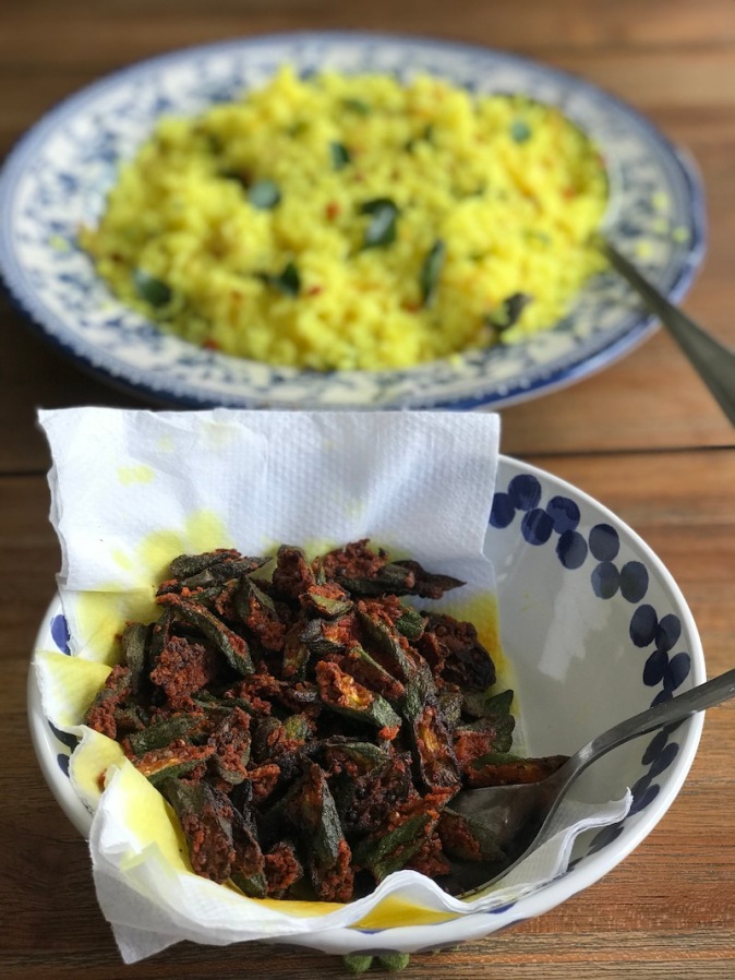 Lemon rice with crispy fried spicy okra