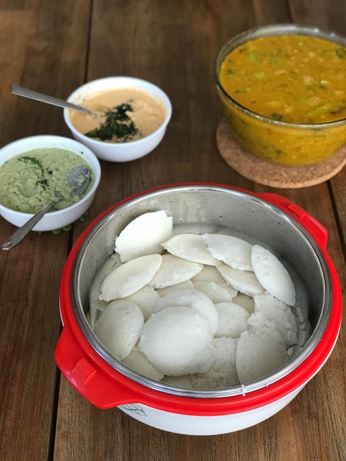 Homemade Idlis with sambar and coconut chutney