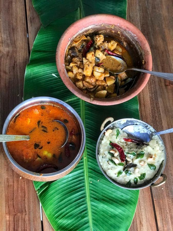 Traditional Sappadu or a typical Tamil meal of Ven Pongal, Sambar and Aviyal