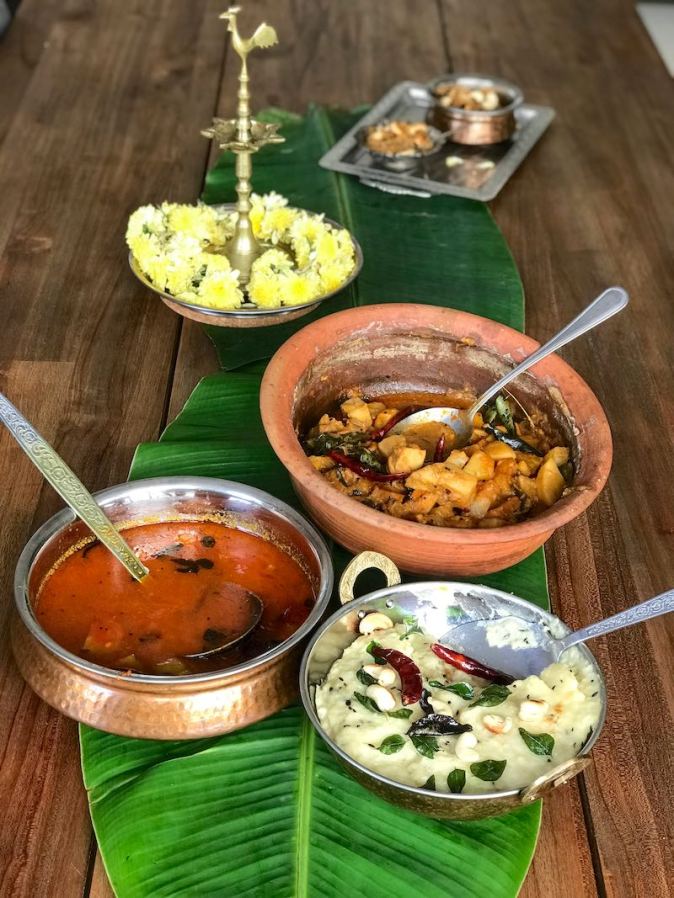Traditional Sappadu,or a typical Tamil meal of Ven Pongal, Sambar and Aviyal