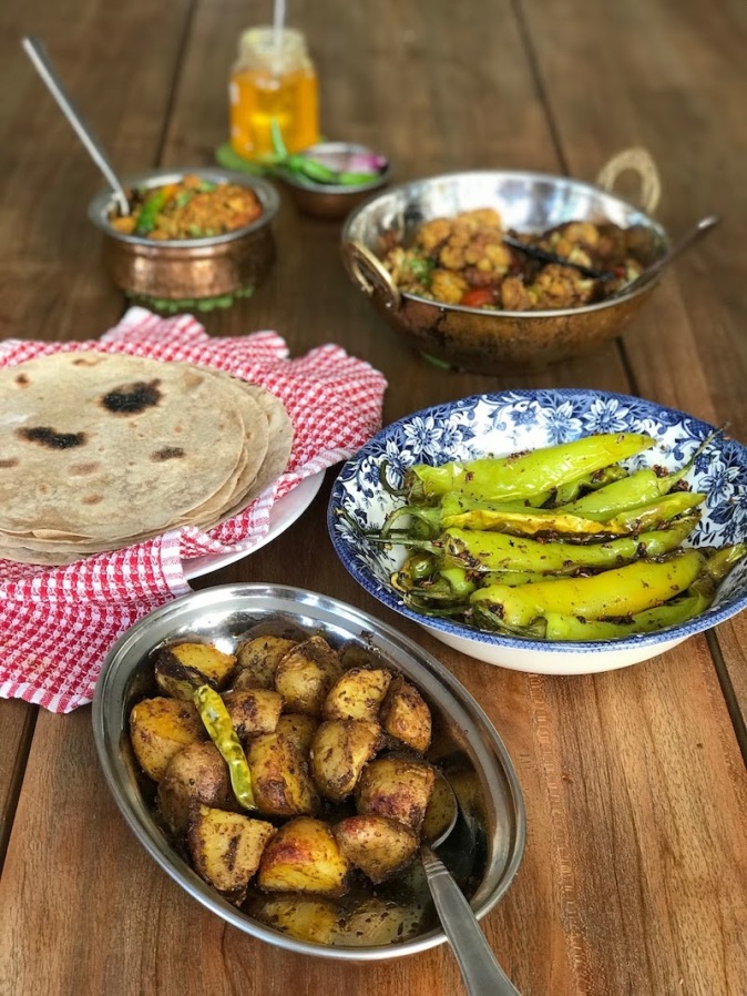 An Indian vegetarian meal at home, cooked in the North Indian style