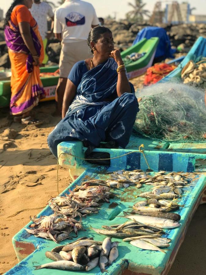 A fisherwoman in Kovalam beach in Chennai